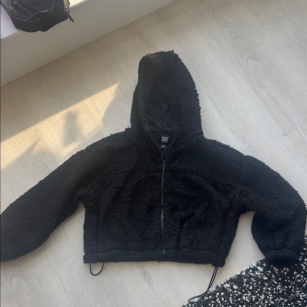 BDG Urban Outfitters Black Fuzzy Sherpa Cropped Zip Hoodie